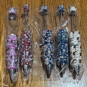 Set of 5 Betty Boop Decorative Bead Pens in Pink, Red, Blue, Navy & White